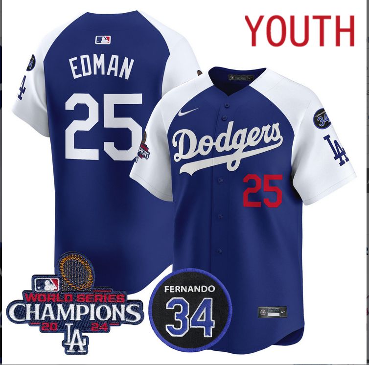 Youth  MLB Los Angeles Dodgers #25 Edman blue 2024 World Series Champions Patch Limited Jersey->youth mlb jersey->Youth Jersey